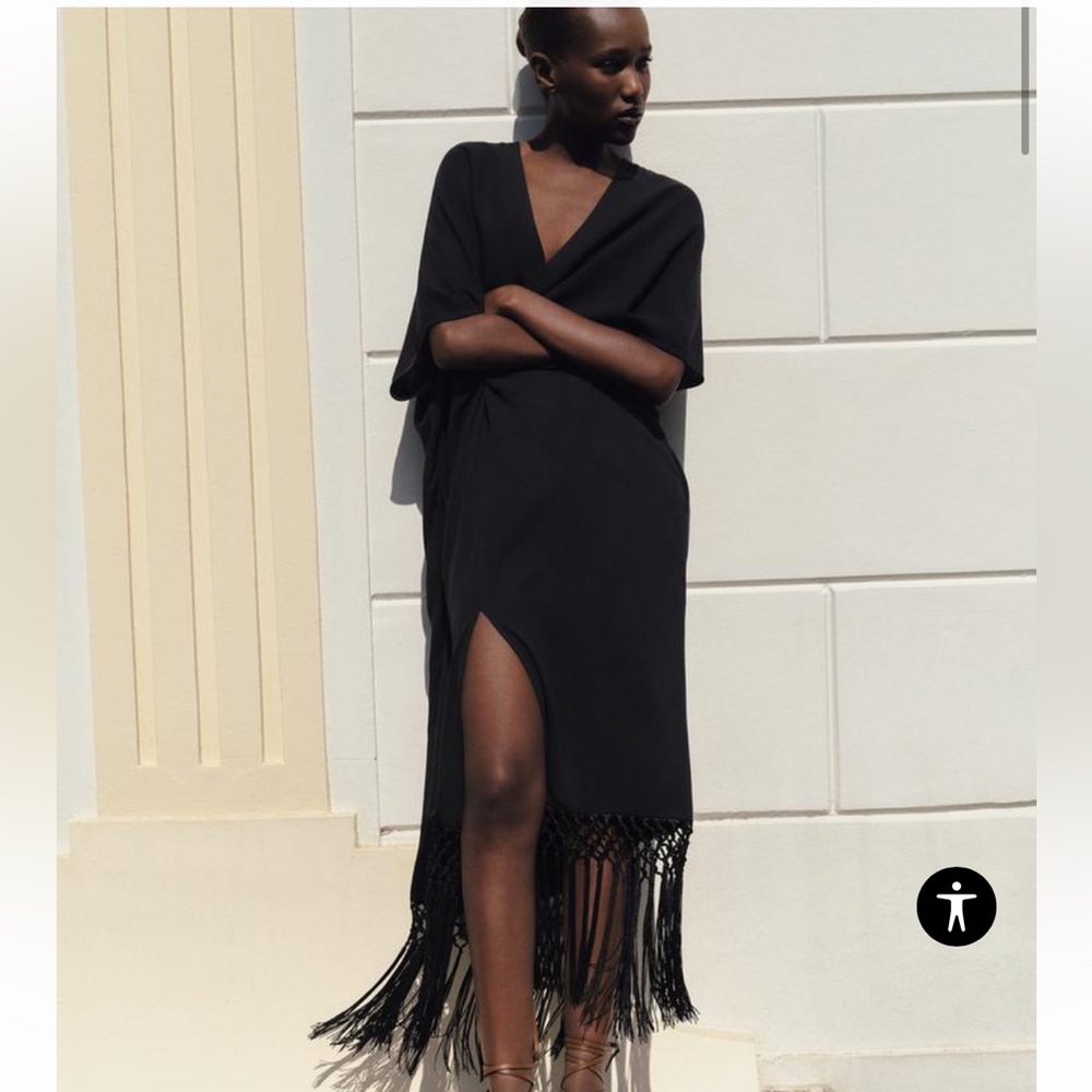LINEN BLEND RUSTIC FRINGED DRESS